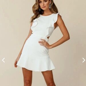 Selfie Leslie Jackie Wide Ruffle Hem Pinafore Mini Dress in White